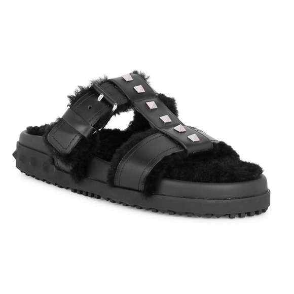 Valentino Rockstud Black Shearling Fur Caged Mule Slip On Slides Sandal Flat 36 - Picture 3 of 12